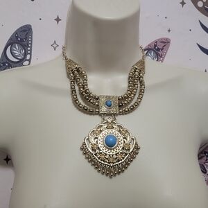 VTG Greek Roman egyptian art deco Gemstones Statement Necklace Gold Tone Costume